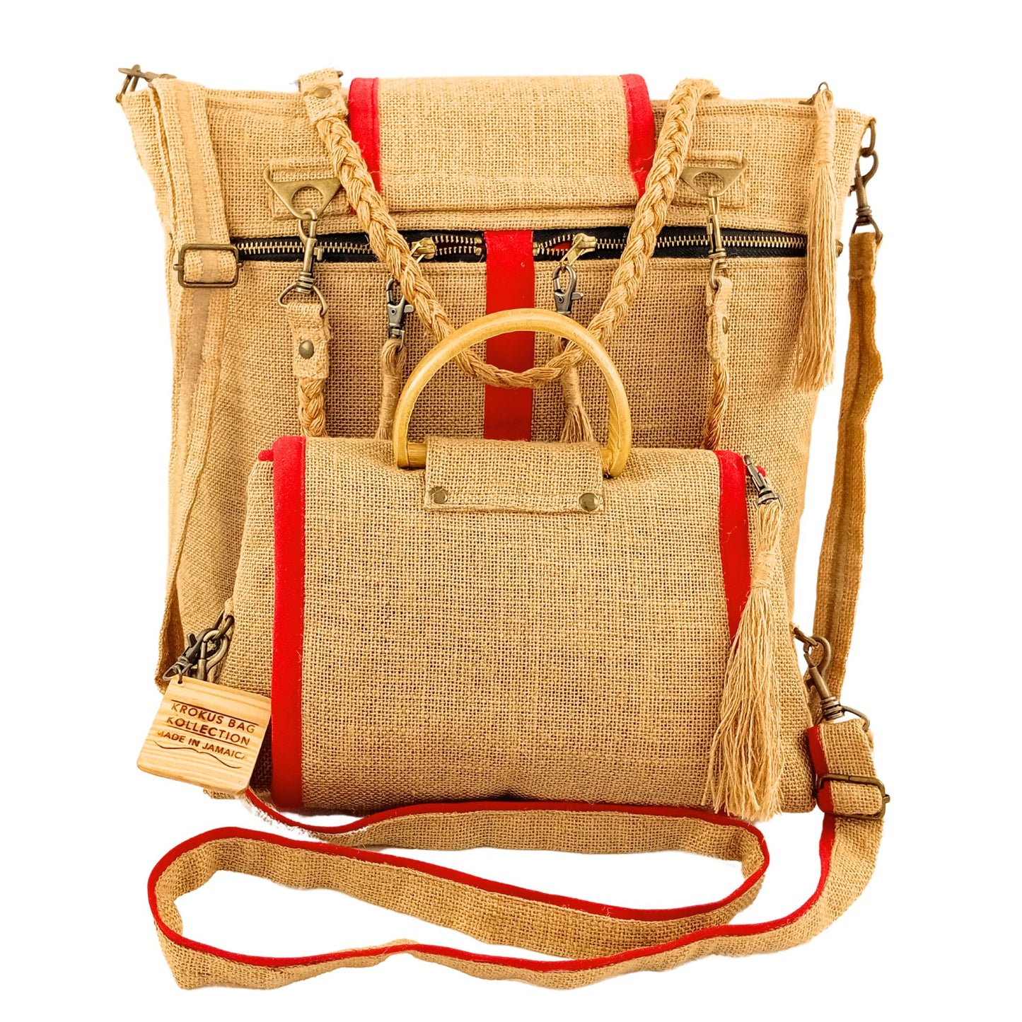 Tote Set, Bright Red Linen Trim