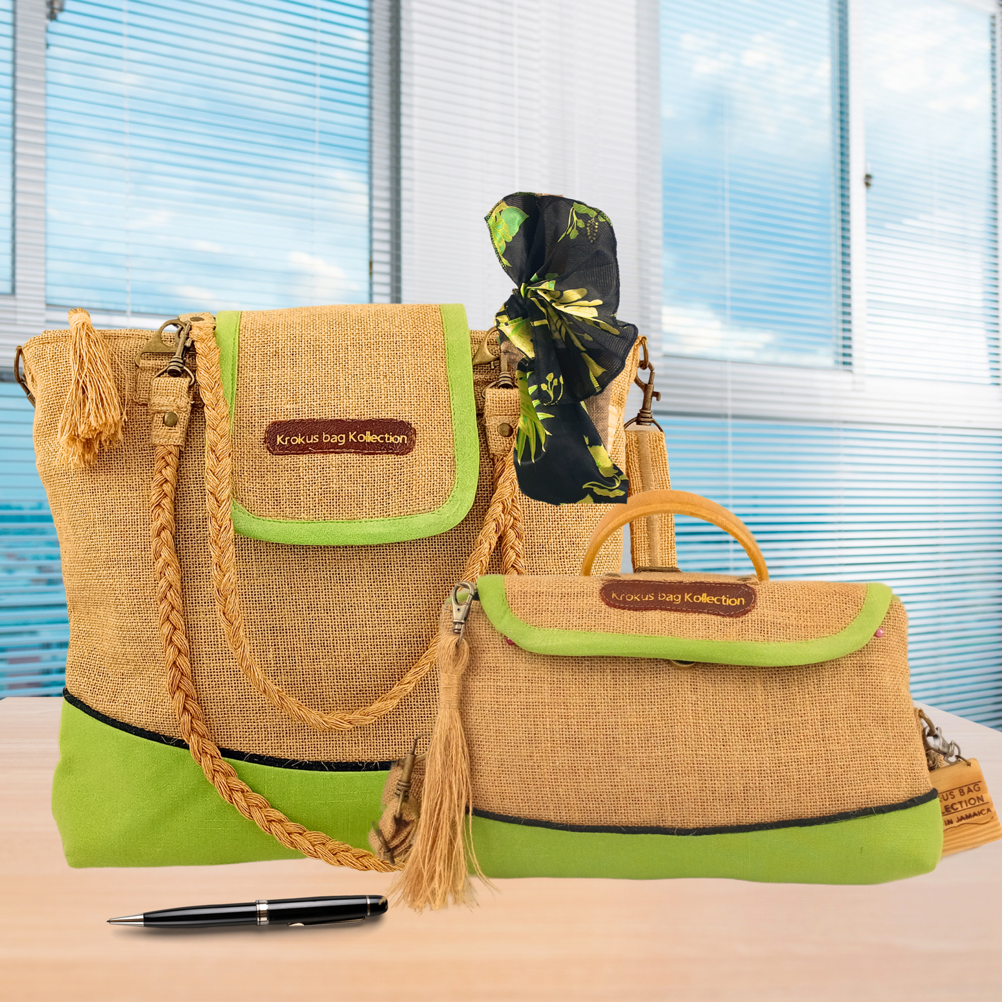 Tote Set, Lime Green Linen Trim
