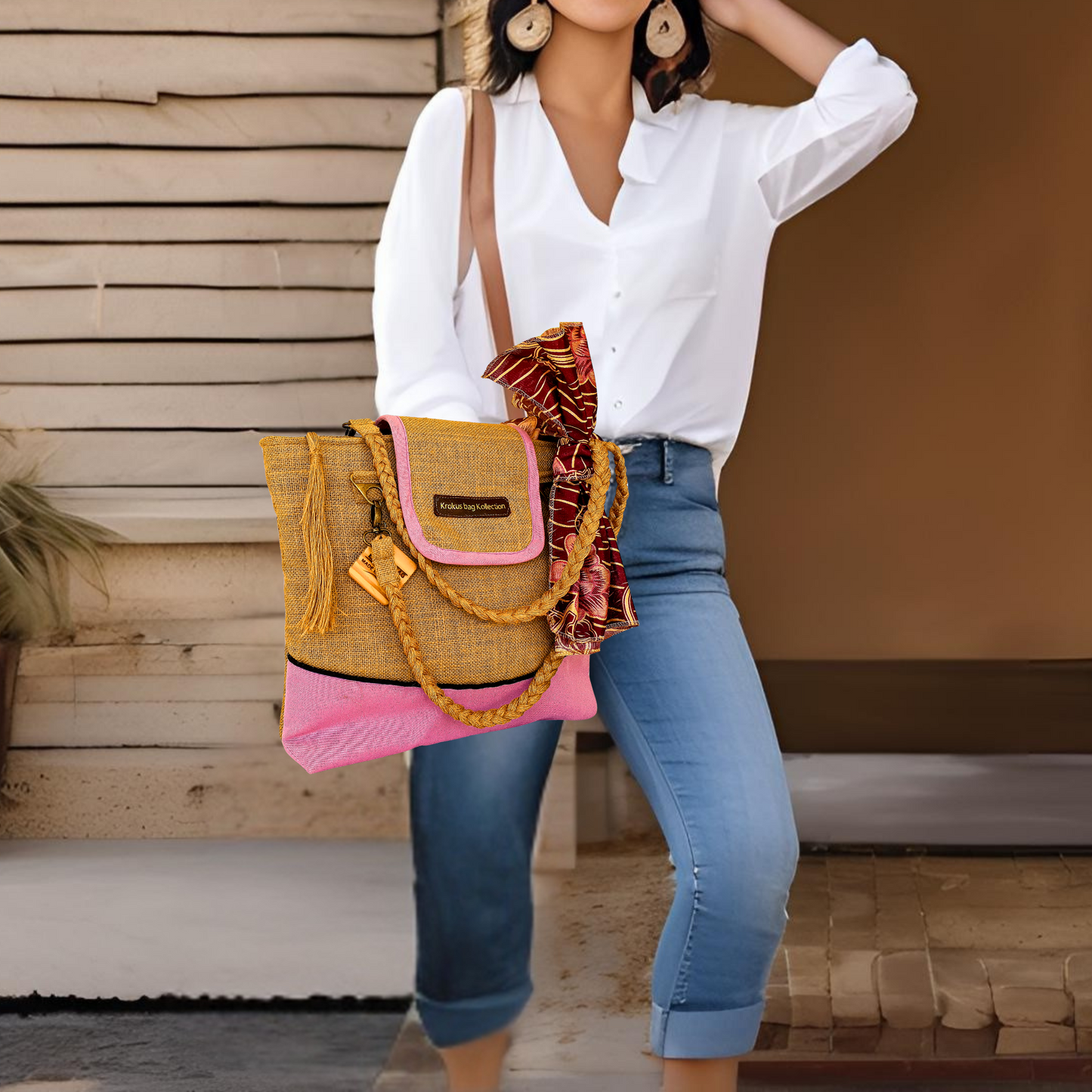Tote Set, Baby Pink Linen Trim