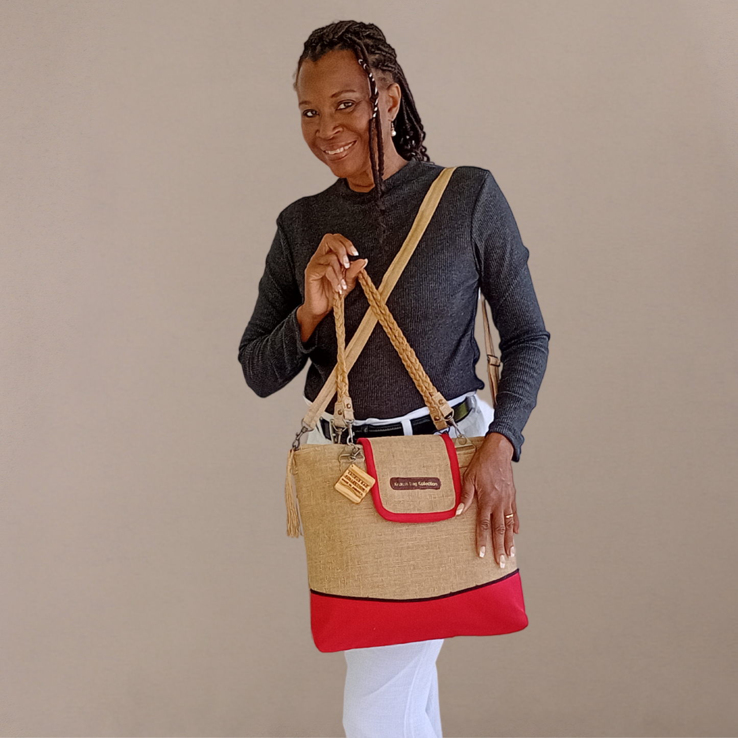 Tote Set, Bright Red Linen Trim