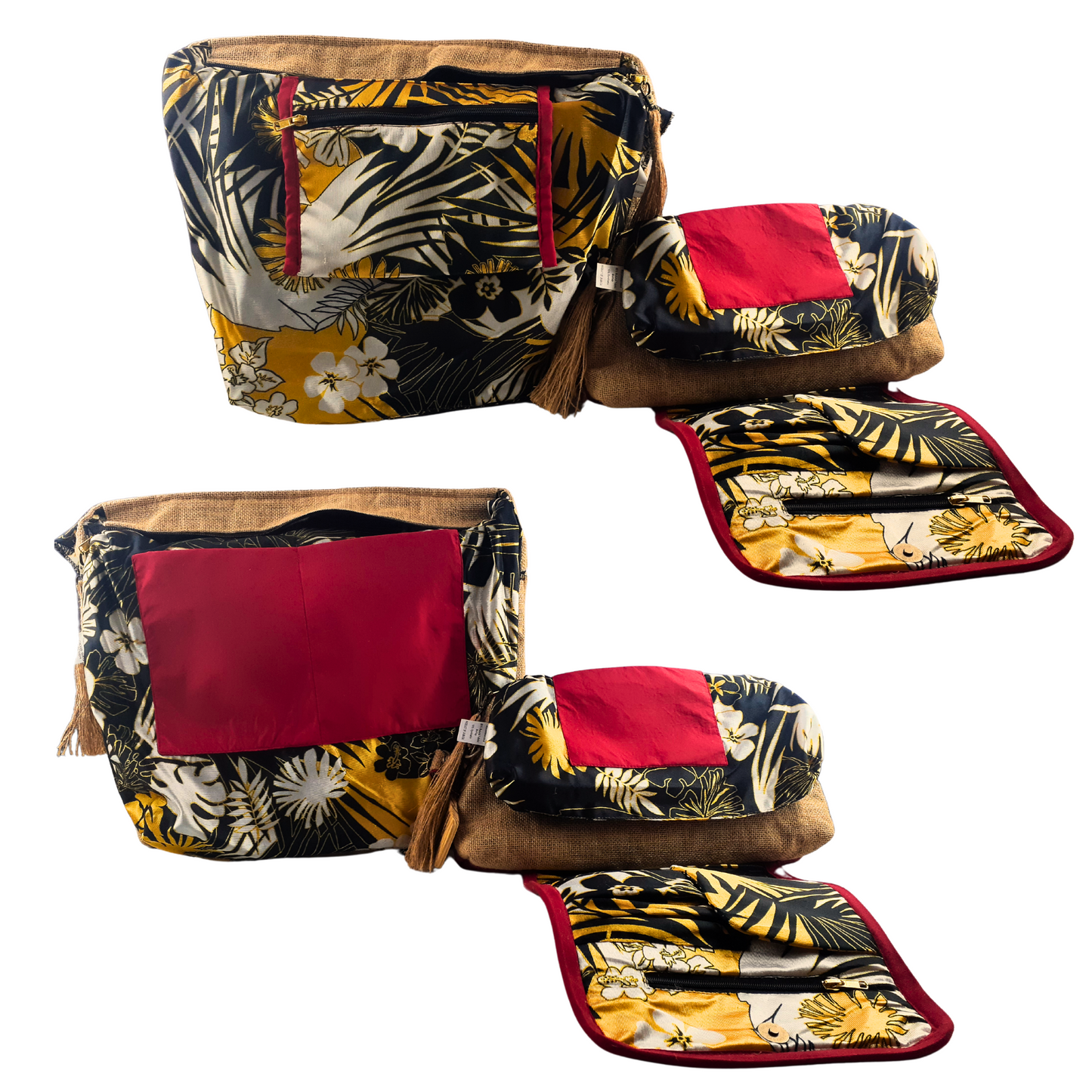 Tote Set, Bright Red Linen Trim