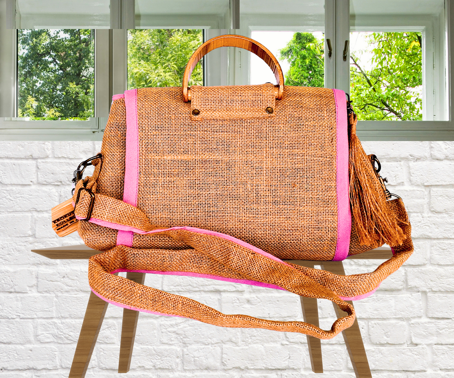 Pink Handmade Jute/Burlap/Linen Tote and Crossbody Bag Set with Scarf