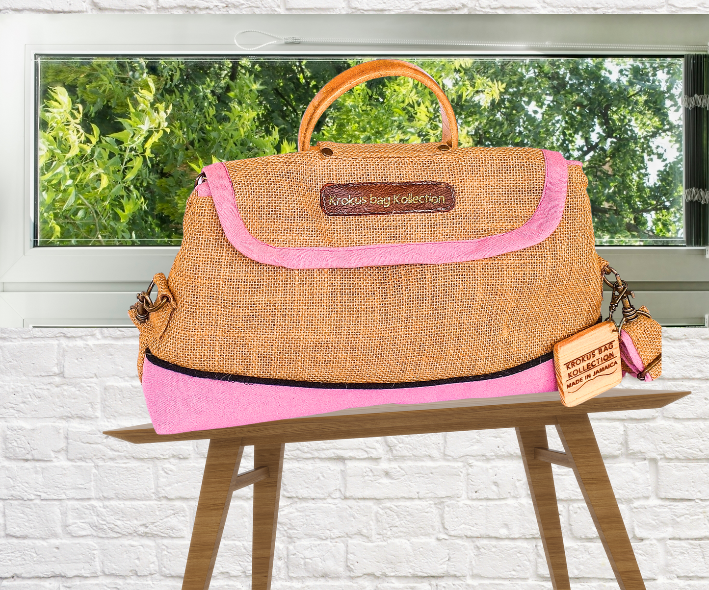 Pink Handmade Jute/Burlap/Linen Tote and Crossbody Bag Set with Scarf