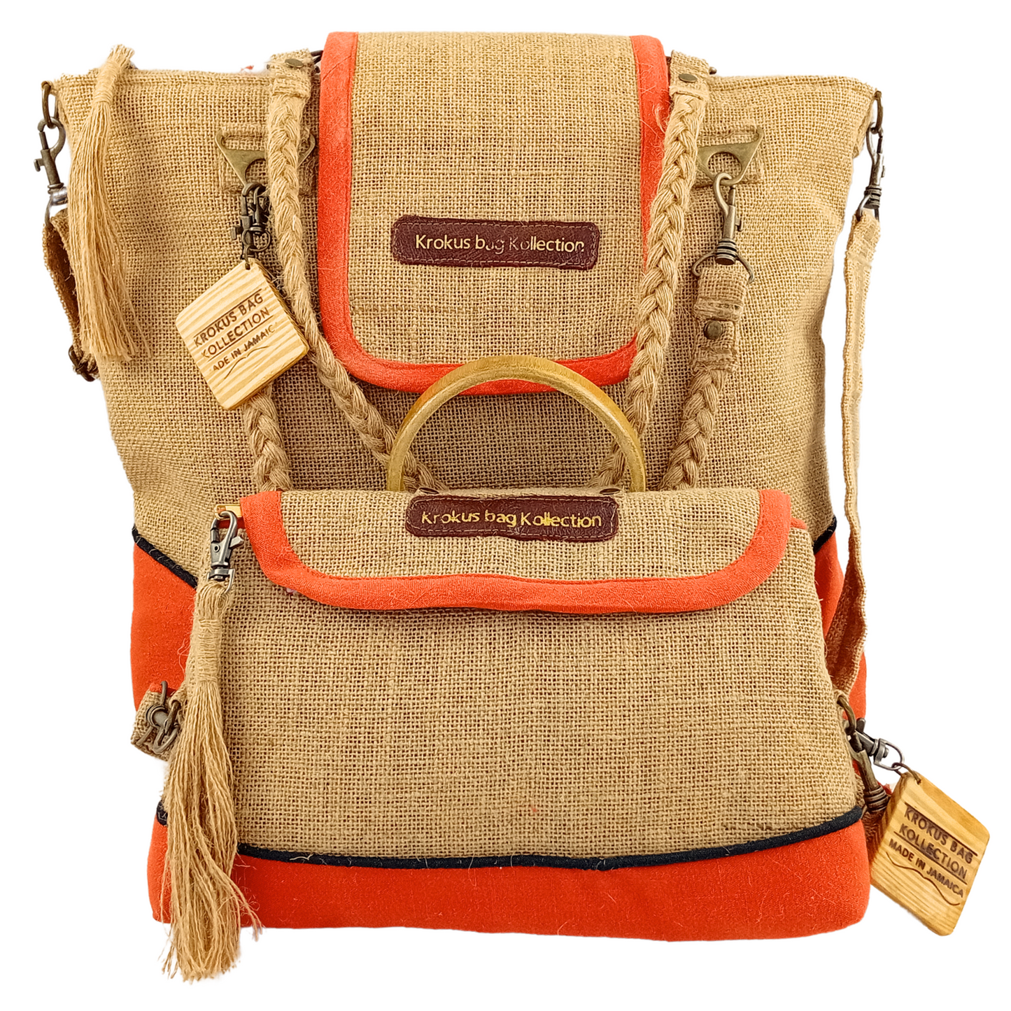 Tote Set, Burnt Orange Linen Trim