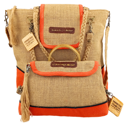 Tote Set, Burnt Orange Linen Trim