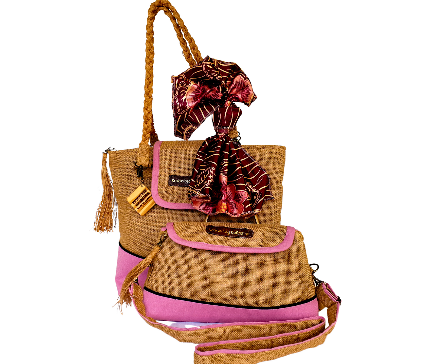 Pink Handmade Jute/Burlap/Linen Tote and Crossbody Bag Set with Scarf