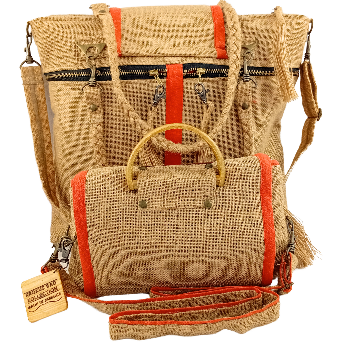 Tote Set, Burnt Orange Linen Trim